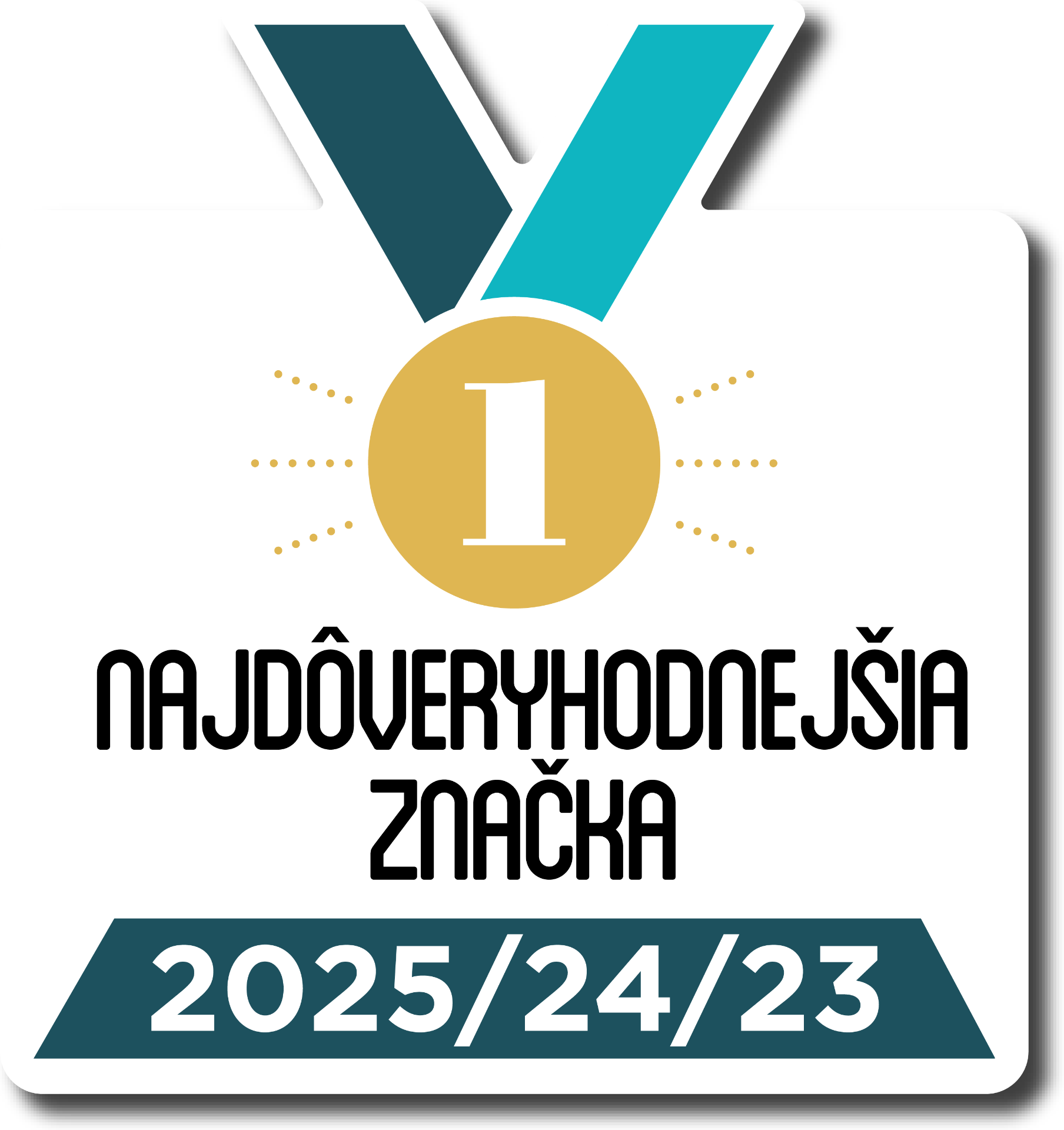Grafický odznak s medailou, textom „NAJDOVERYHODNEJŠIA ZNAČKA“ a dátumom 2025/24/23.